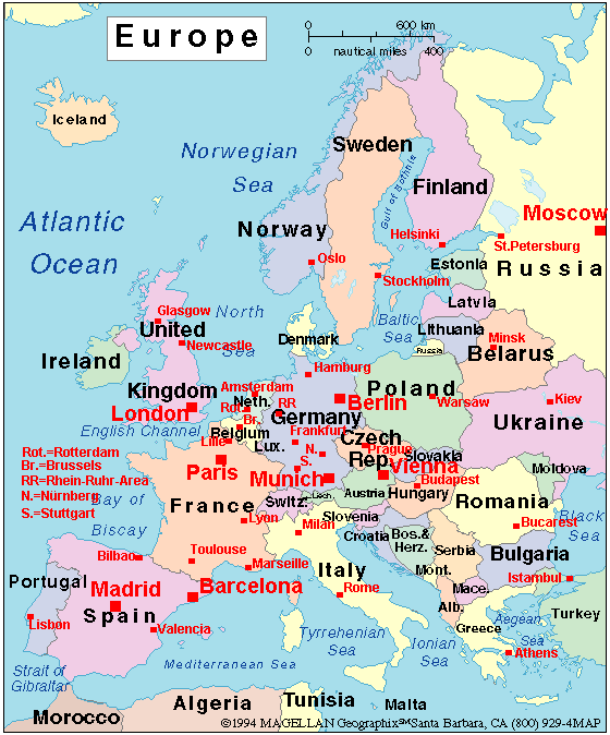 Map of Europe showing Metro Cities