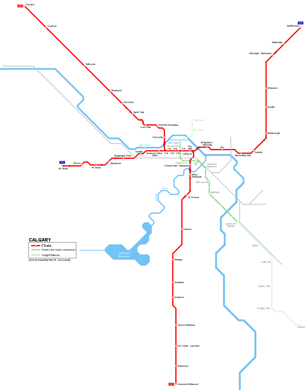 Calgary light rail C-Train map © Robert Schwandl