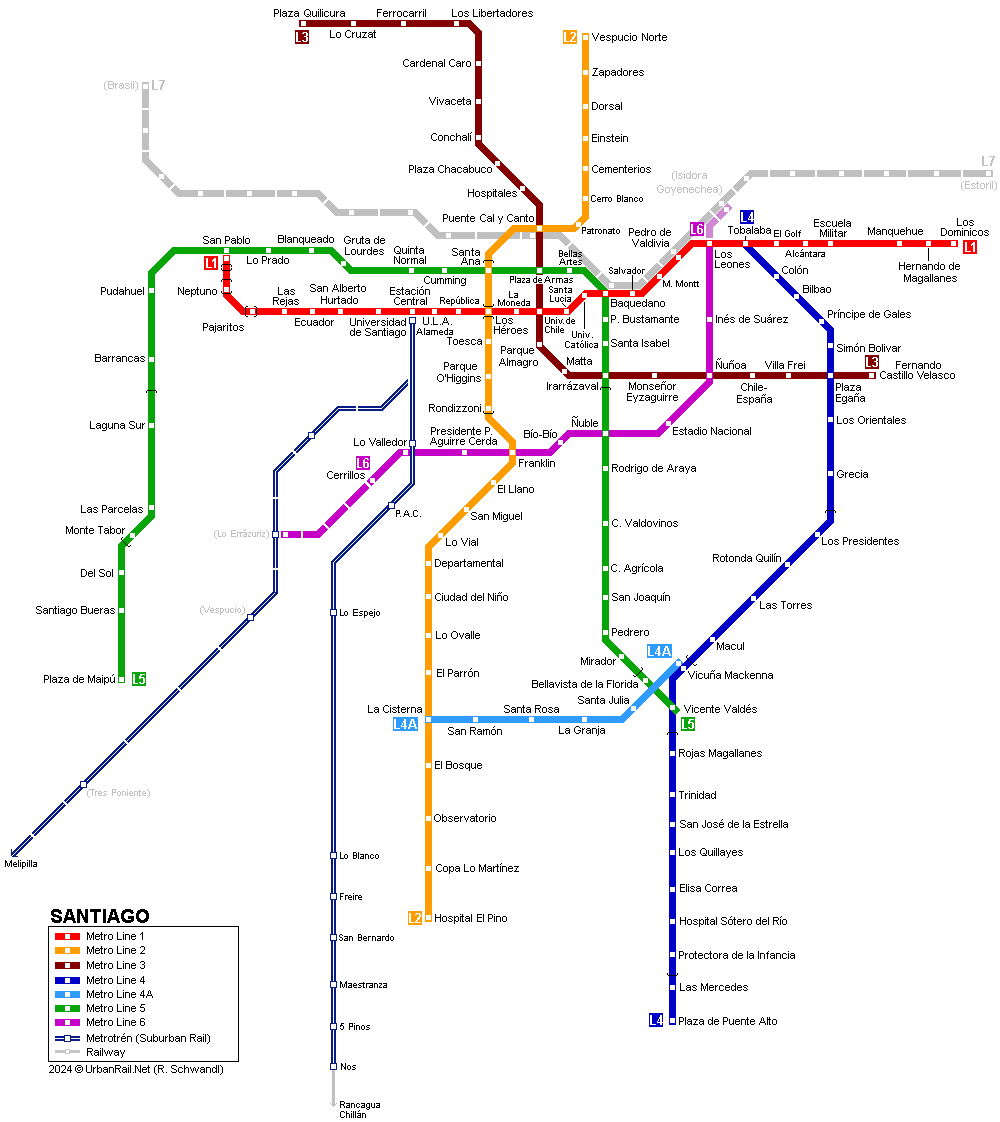 Santiago Subway Network  (c) UrbanRail.Net - Click on map to see planned extensions!