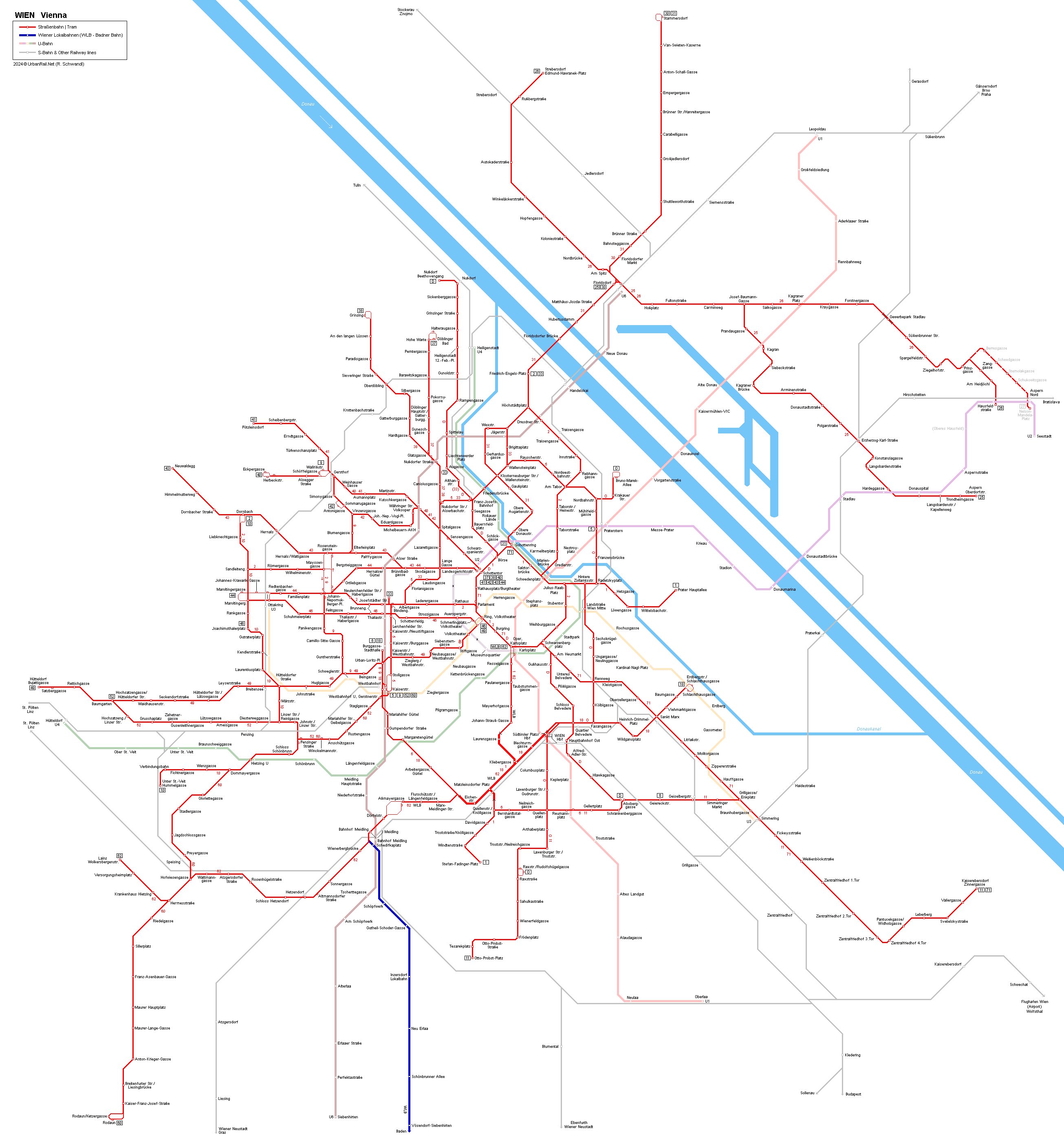 Vienna Tram Map - Wiener Straßenbahn Netzplan © UrbanRail.Net