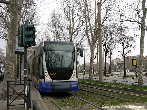 Turin Tram stopped at traffic lights