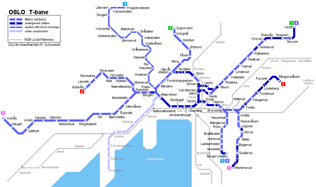 Oslo T-bane map © UrbanRail.Net