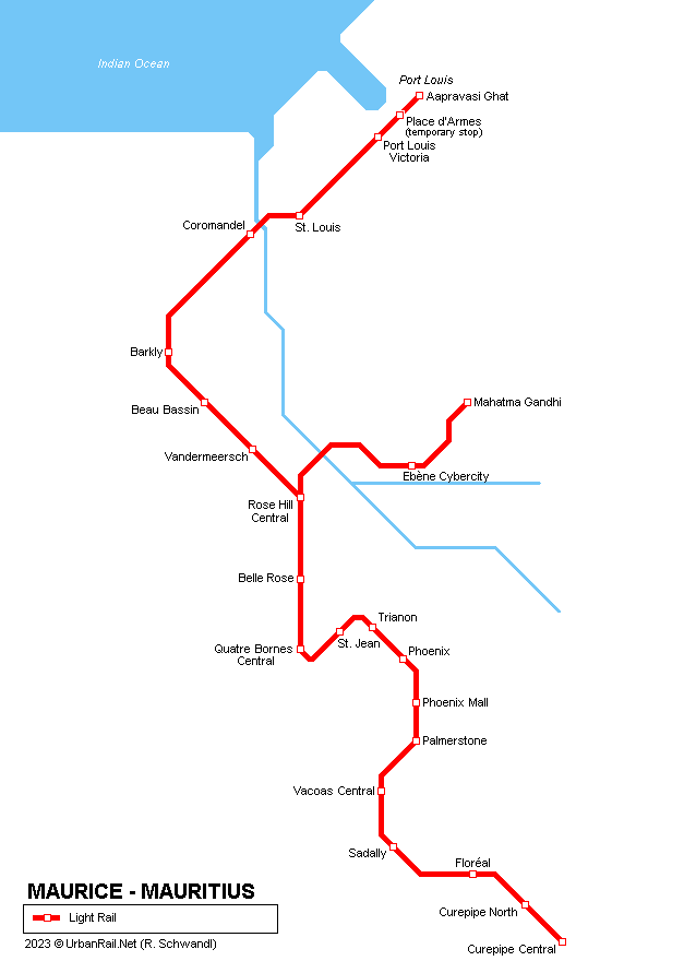 Mapa kolejové dopravy na ostrově Mauricius