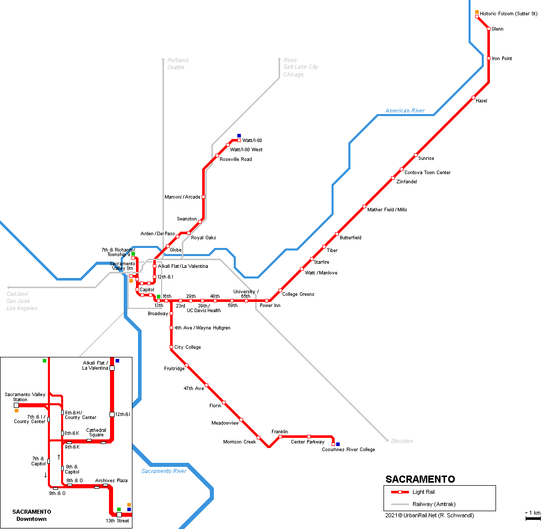 Sacramento Light Rail Map 2008 © R. Schwandl