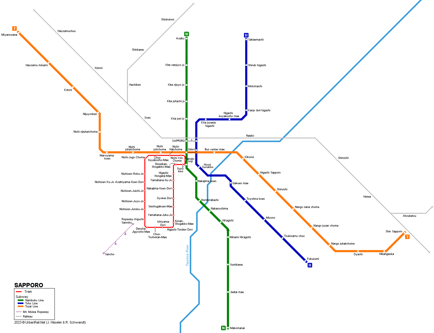 Sapporo Subway and Tram Map  © UrbanRail.Net