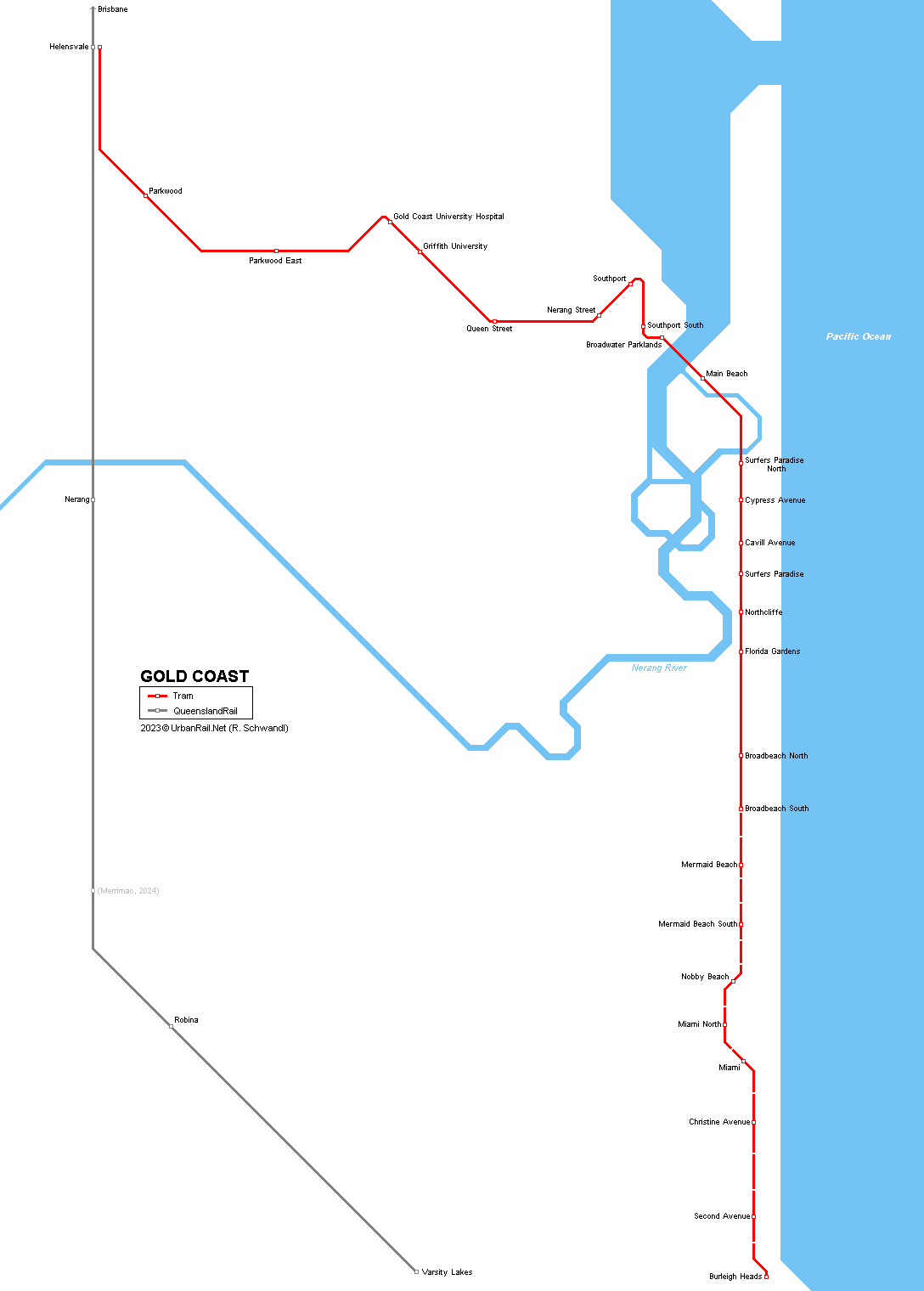 Plánek tramvajové tratě v australském Gold Coast