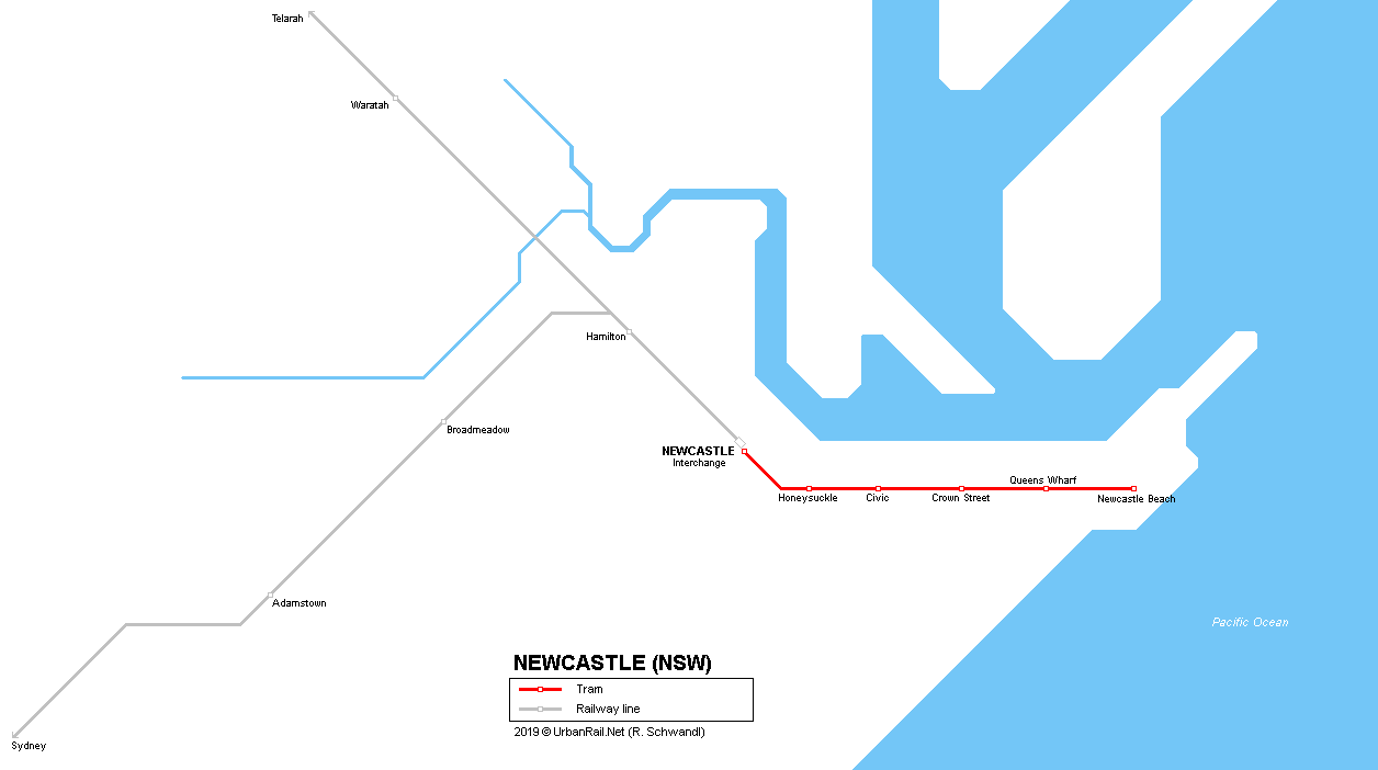 Mapa kolejové dopravy v australském Newcastlu.