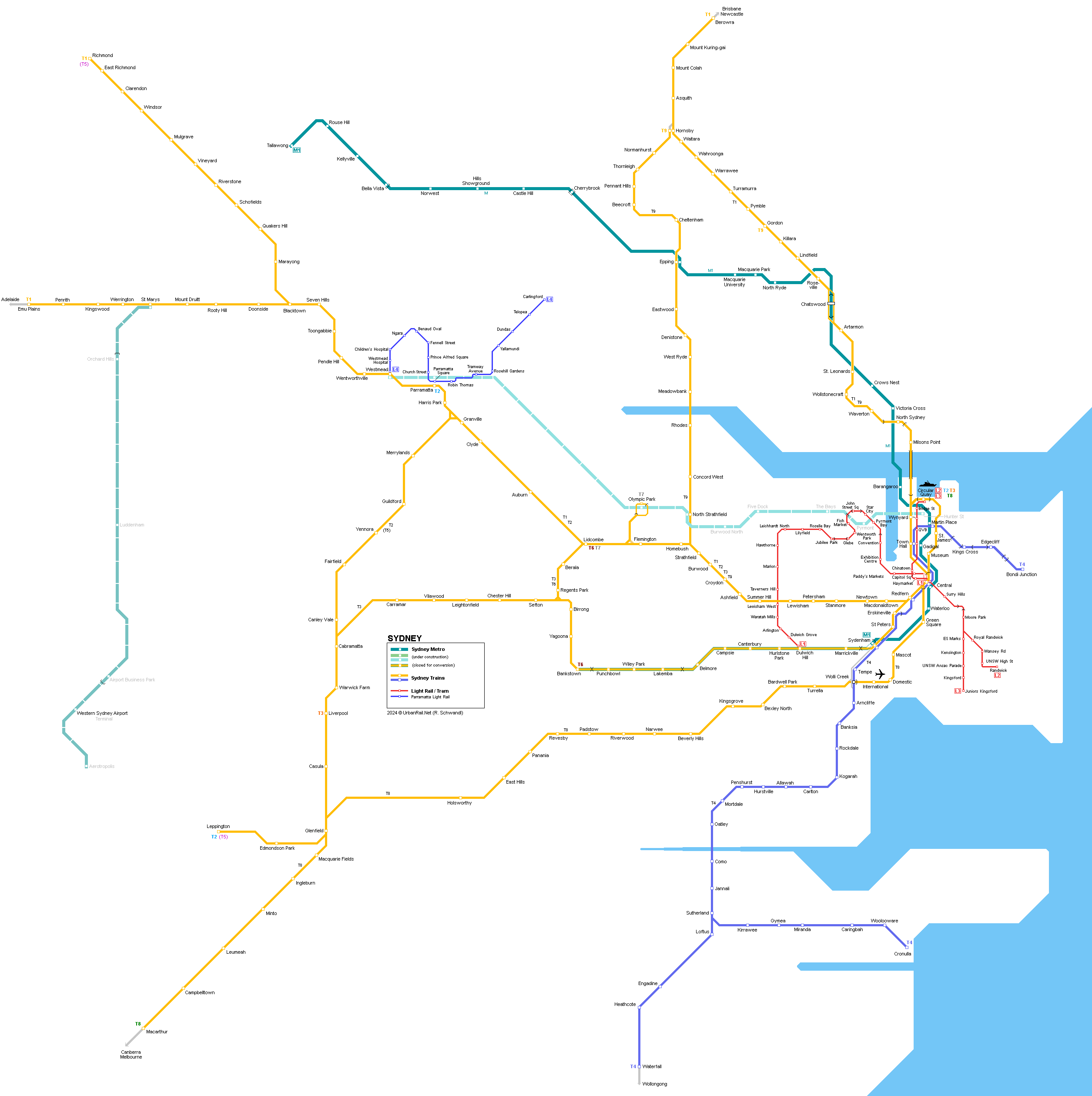 Mapa kolejové dopravy v australském městě Sydney