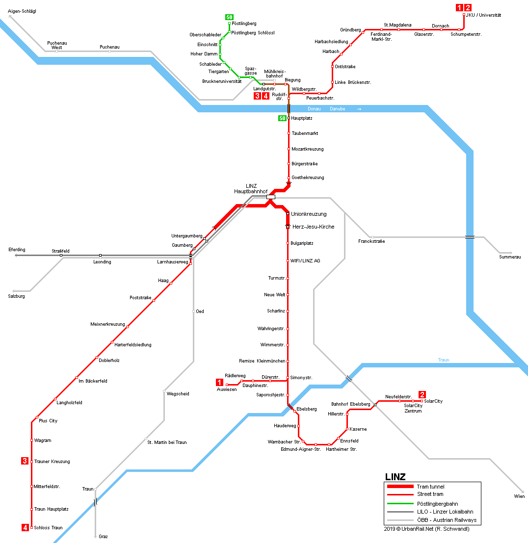 Linz tram network © R. Schwandl (UrbanRail.Net)