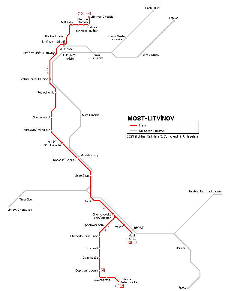 Most-Litvínov Tram map