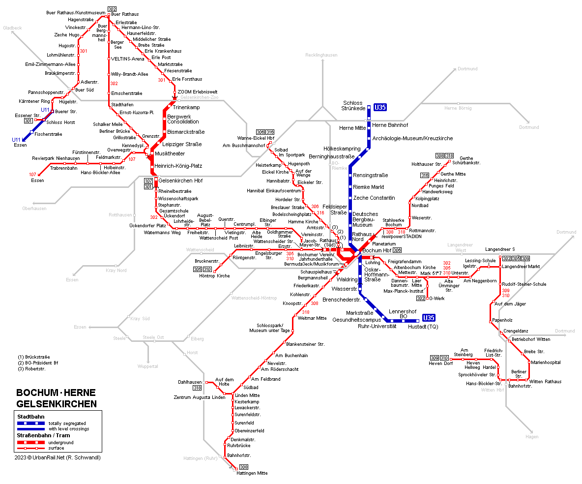 Bochum Herne Gelsenkirchen Stadtbahn network 200% © UrbanRail.Net