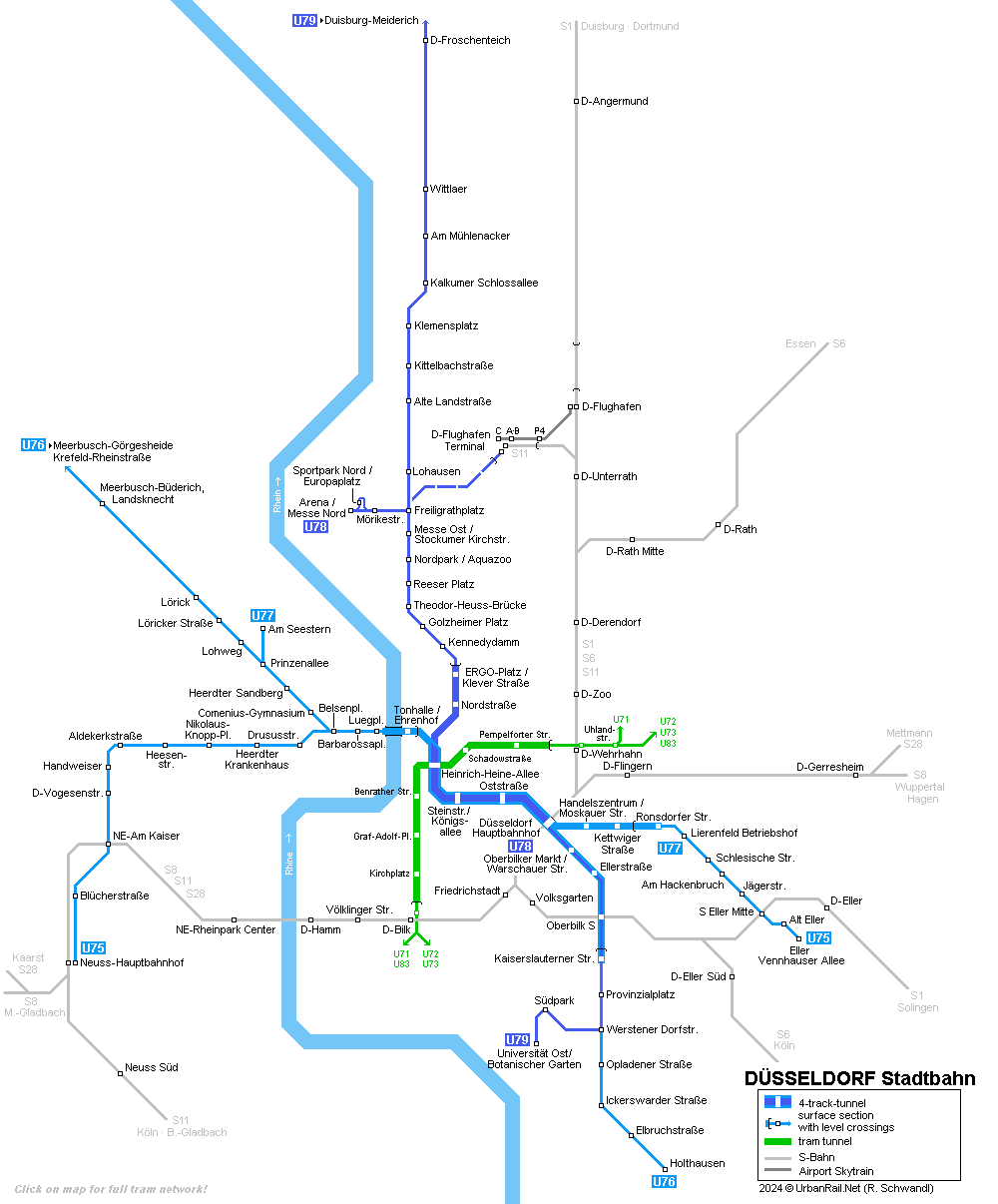 Düsseldorf Stadtbahn Map 2004 © Robert Schwandl (UrbanRail.Net)