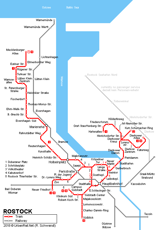 Rostock tram network © UrbanRail.Net (R. Schwandl)