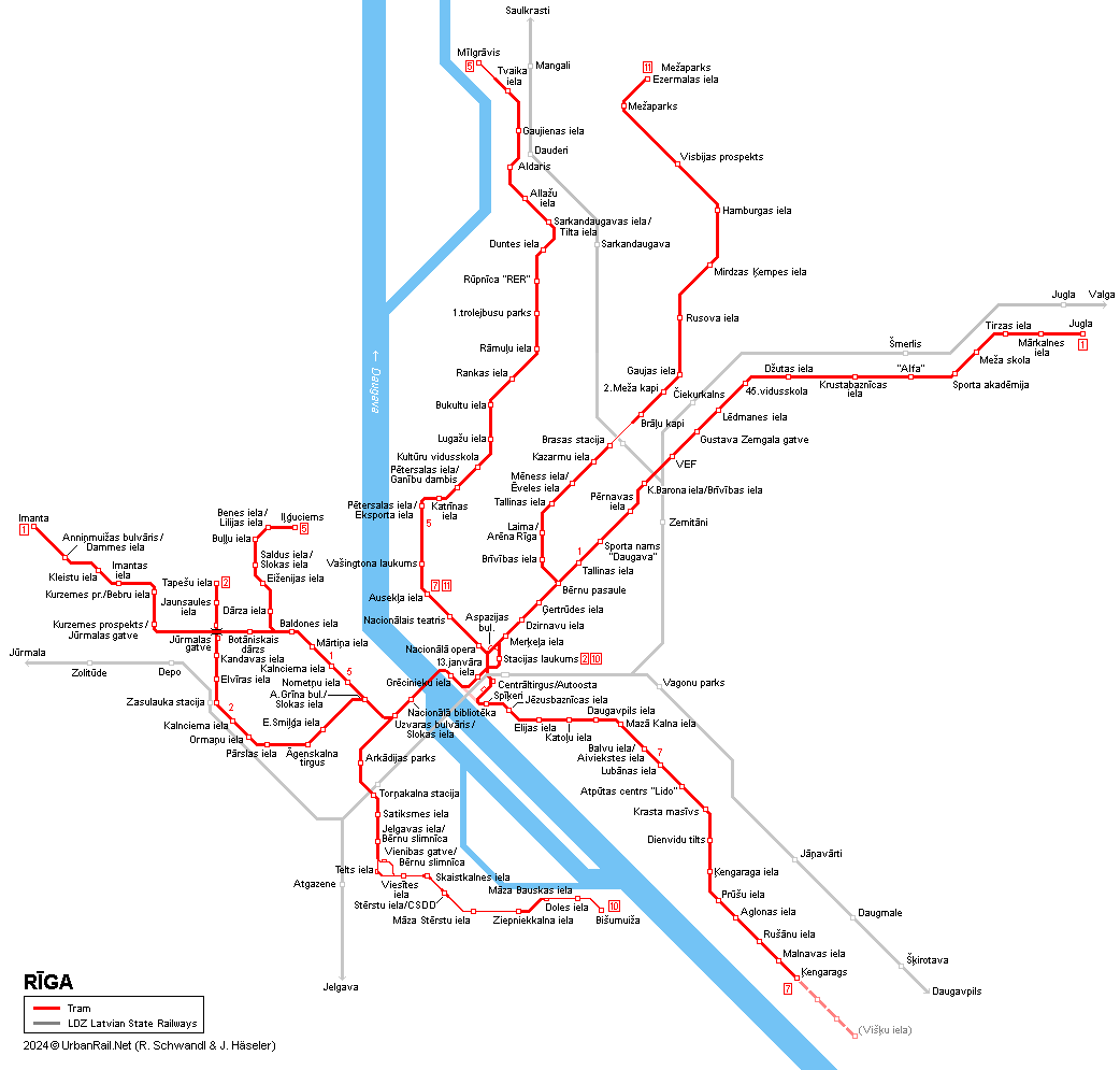 Riga Tram Map © UrbanRail.Net